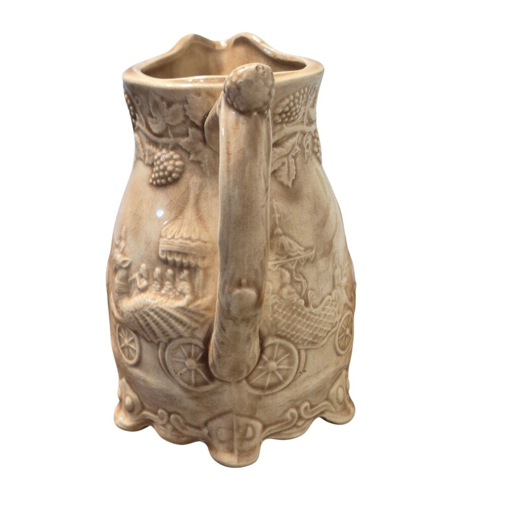 Antique Victorian Drabware Pitcher Dragon Camels Elephant Grapes Pitcher England - Picture 2 of 9
